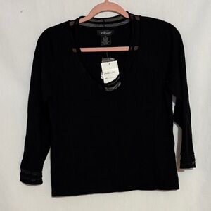Willi Smith Black V-Neck Long Sleeve Top with Lace Trim, Size M, NWT, MAKE OFFER